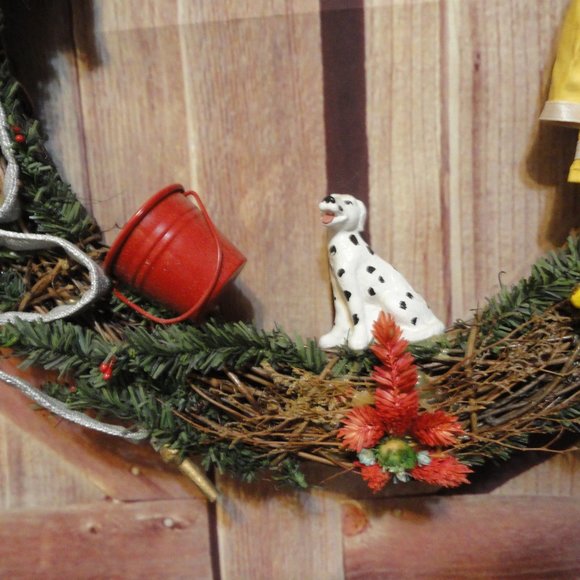 Fire Fighter Hand made Christmas Holiday Wreath~13" round~Detailed. CUTE - Picture 4 of 6